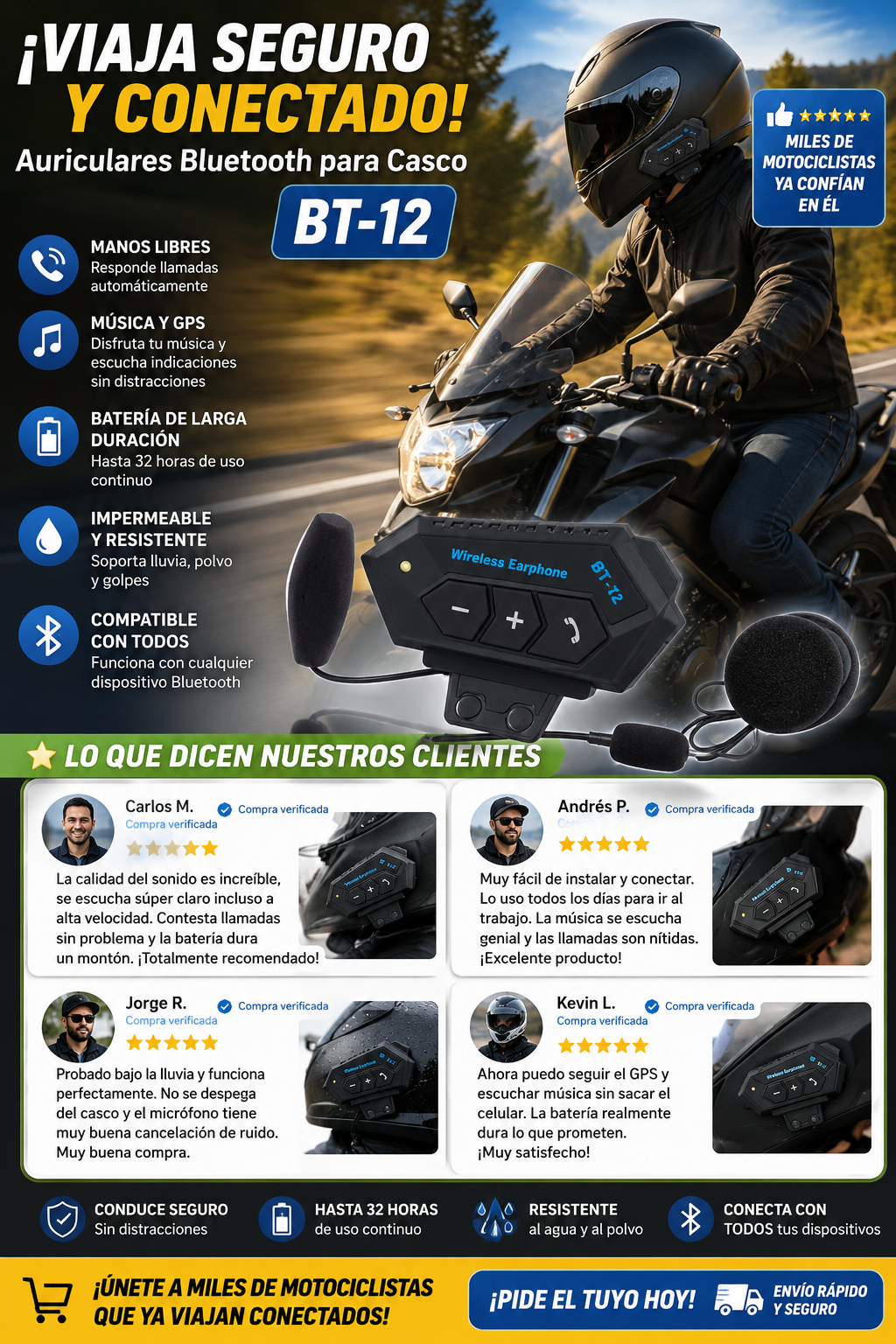 Audífonos Bluetooth para Casco de Moto BT-12🏍️